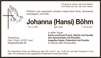 Traueranzeige von Johanna Boehm von Pegnitz-Zeitung